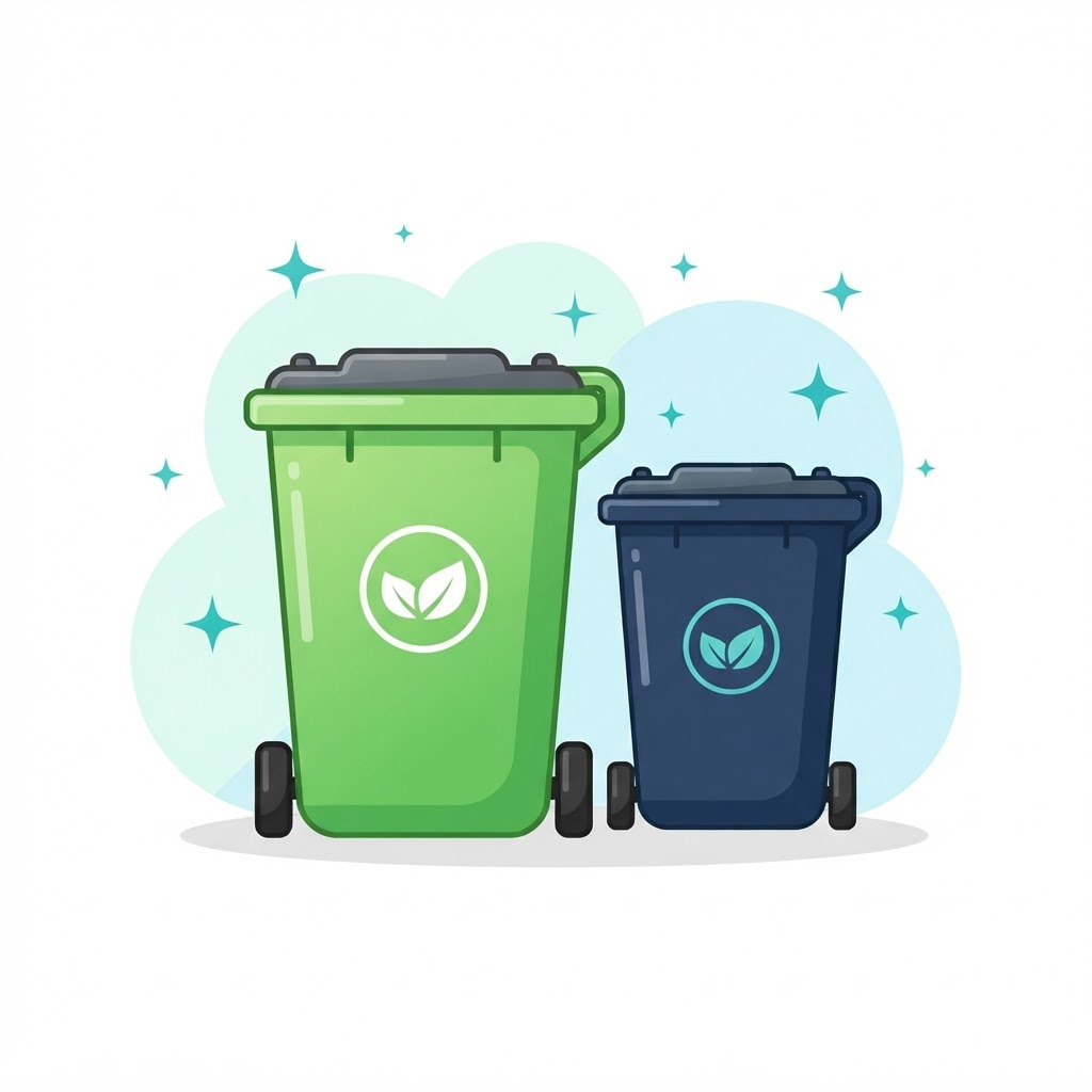 A bright green recycling bin and a dark navy bin, freshly cleaned, with sparkle accents